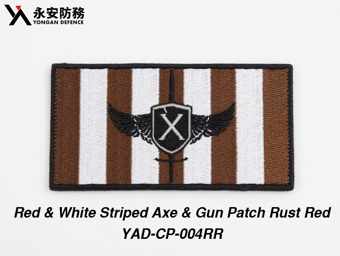 Red & White Striped Axe & Gun Patch Rust Red