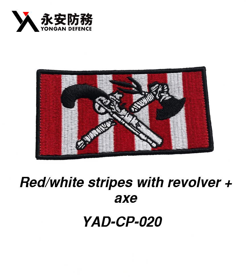 Red/white stripes with gun + axe